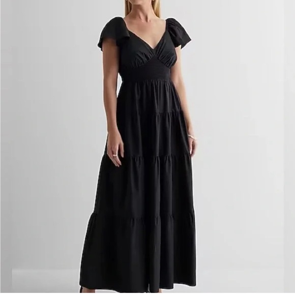 Express Dresses & Skirts - Express Black V-Neck Flutter Sleeve Tiered Maxi Dress NWT Size Small